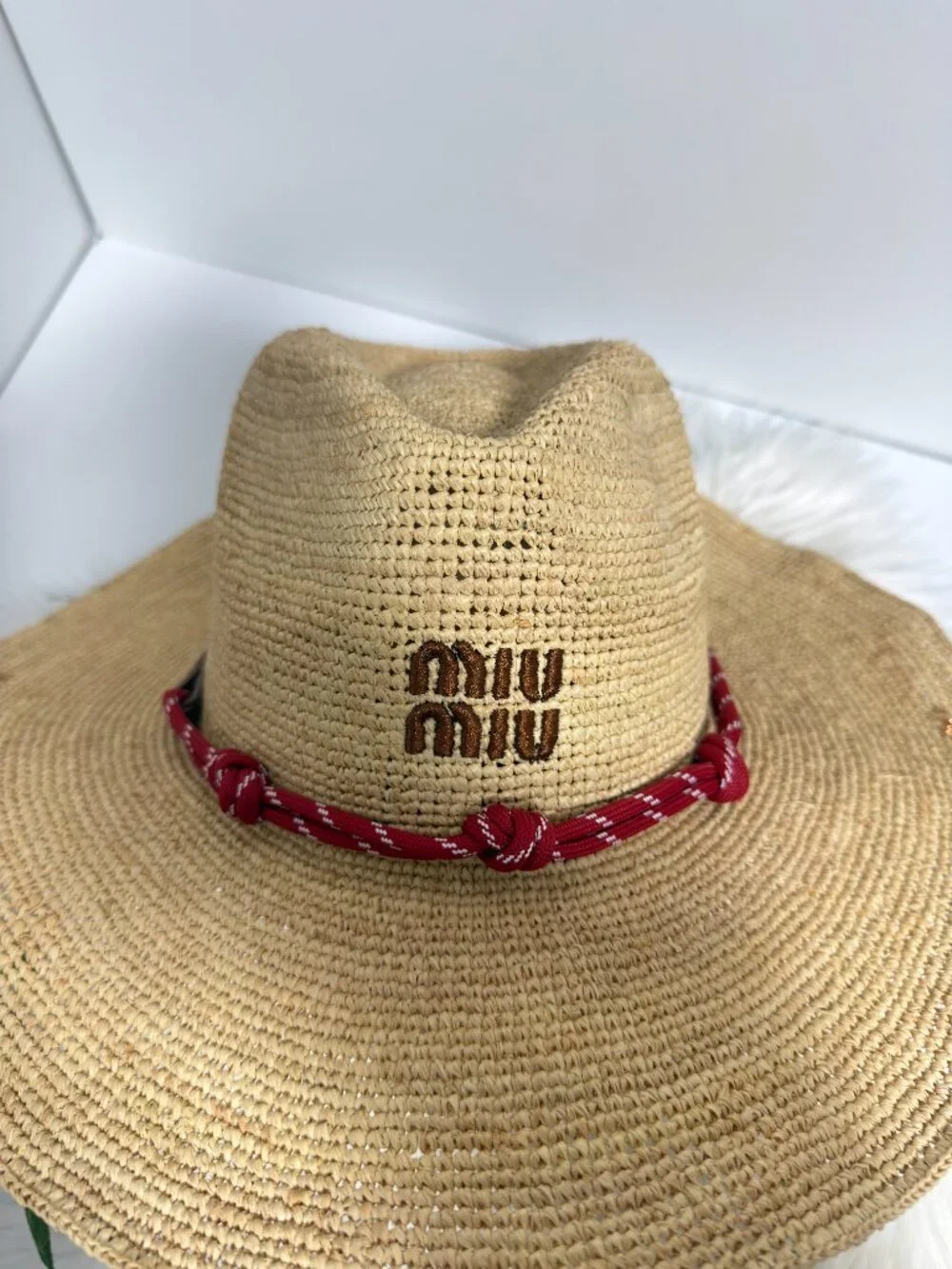 Miu Miu Natural Straw Hat with Red Rope Trim
